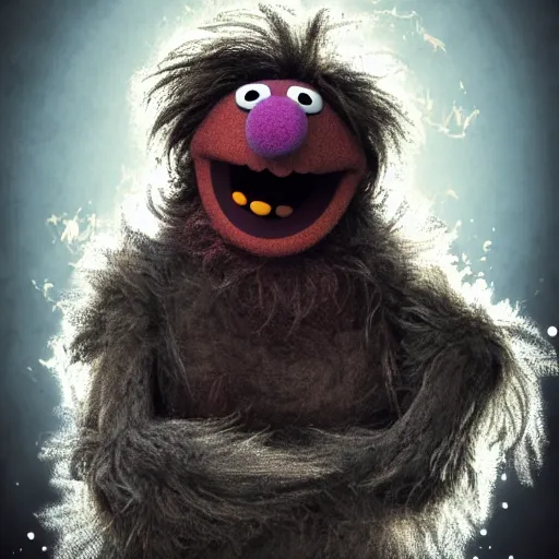 Image similar to a still of a forgotten muppet character looking very manly and modern, hilarious, laughing, hairy chest, huge chin, manly monster tough guy, roughled fur, photo real, photographic, photograph, artstation, trending, featured