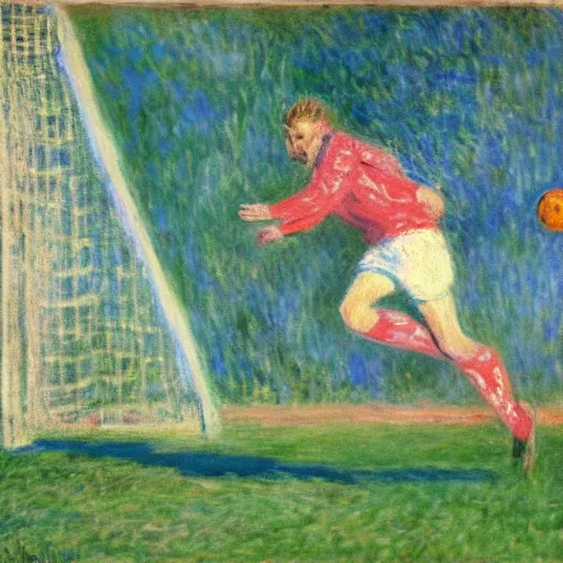 Prompt: monet painting of a skinny blonde man falling over a soccer ball, highly detailed, realistic,