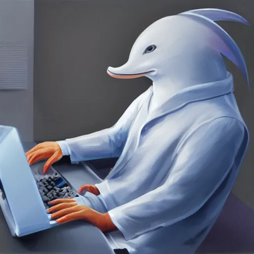 Prompt: An anthropomorphic grey dolphin wearing a white lab-coat and playing games on a computer, digital painting, close-up