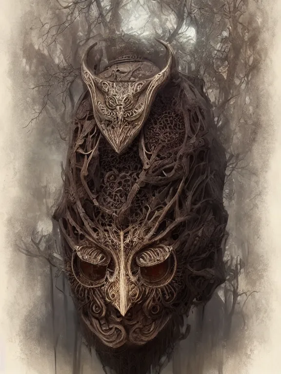 Image similar to a ultradetailed beautiful concept art of a strange human, hiding his face with an intricate wooden mask of an owl, high resolution 4 k, by tom bagshaw, greg rutkowski, charli bowater