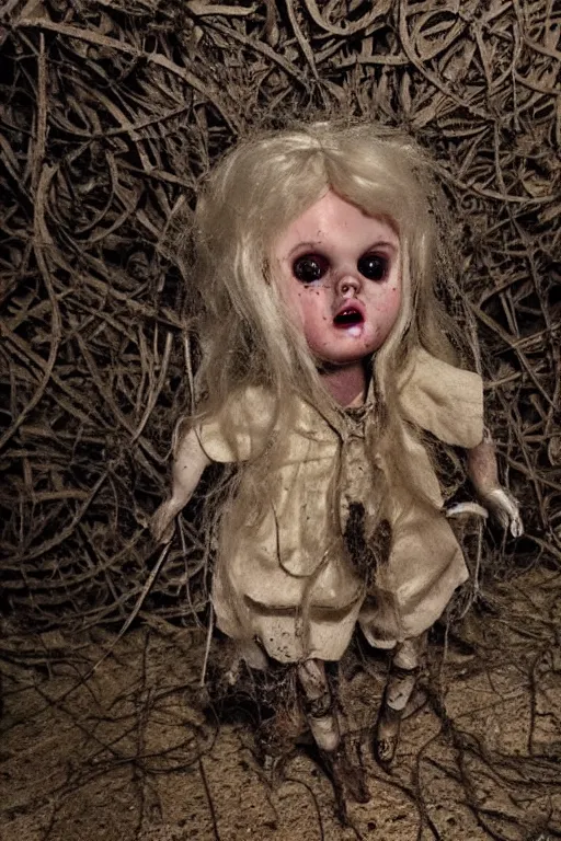 Prompt: dirty cracked screaming vintage doll maggots in eyes in darkly lit dusty basement cobwebs blair witch style photo
