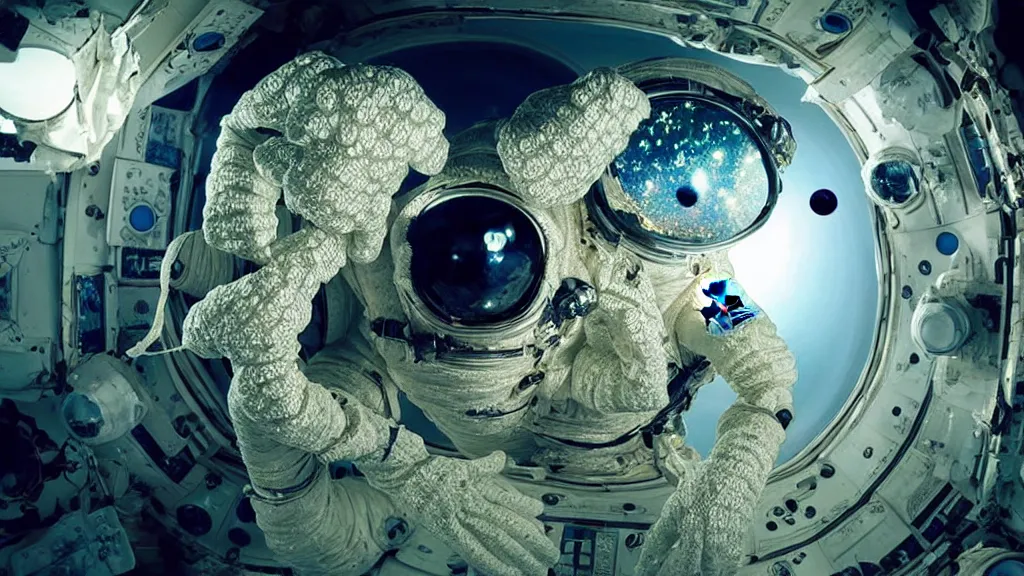 Image similar to a single astronaut eva suit covered in diamond 3d fractal lace iridescent bubble 3d skin and covered with insectoid compound eye camera lenses floats through the living room, film still from the movie directed by Denis Villeneuve with art direction by Salvador Dalí, wide lens,