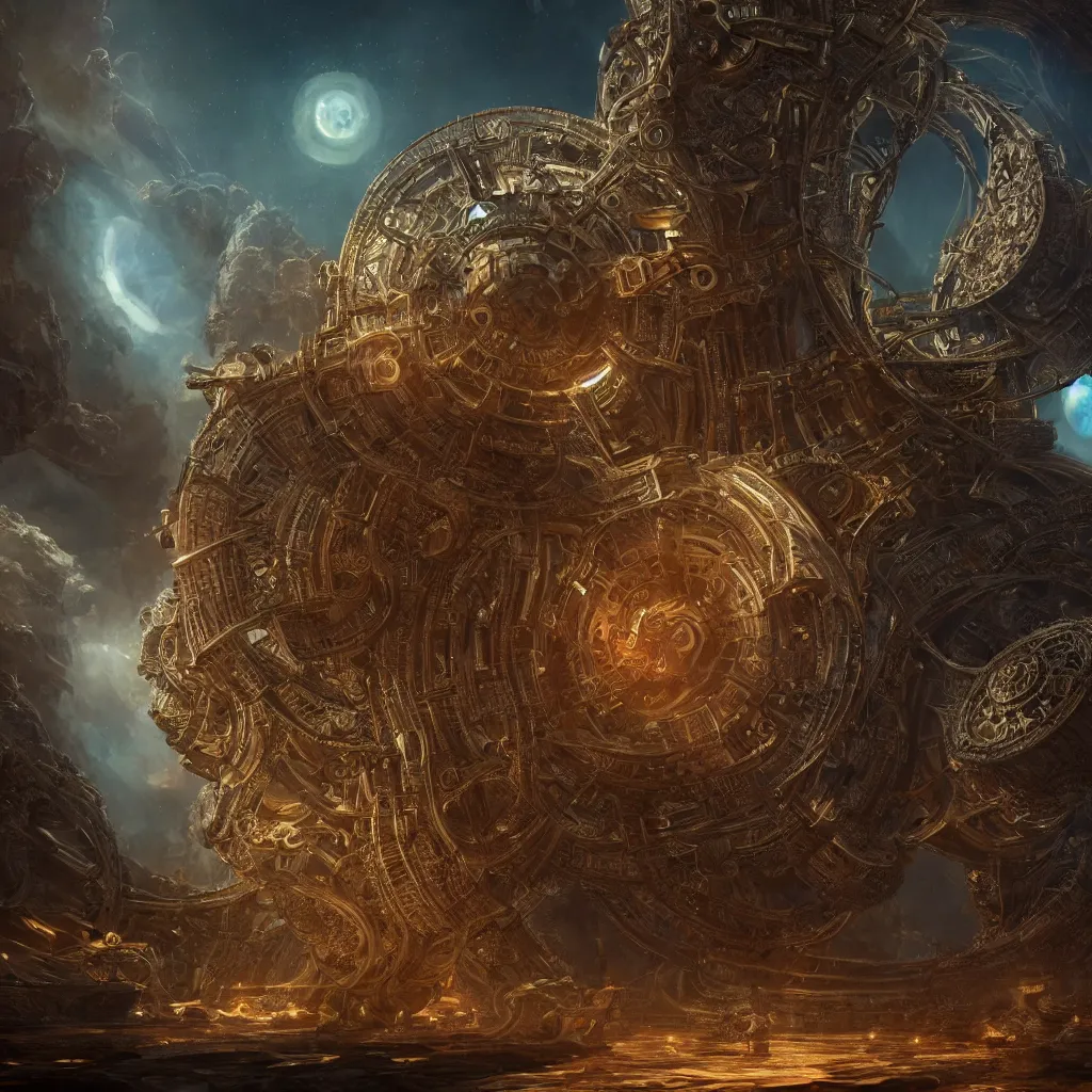 Image similar to digital time machine in latent space, mechanical fantasy, intricate, elegant, highly detailed, digital painting, concept art, smooth, sharp focus, illustration, divine realm of gods, realistic cinematic style, filmed in 70mm, volumetric lighting, octane render, photographic, concept art, artist Leonardo DaVinci, unreal engine 8k