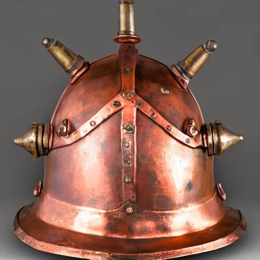 Prompt: a photo of an old copper deep diving helmet mixed with a knights helmet, royal details, ornamented, victorian, f 2. 8