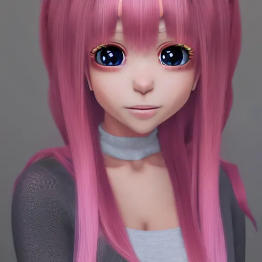 Image similar to Render of Nikki from Shining Nikki Dress-Up Game, a cute 3D anime young woman, long light pink hair, full bangs, full round face, hazel amber eyes, pale skin, Chinese heritage, smiling softly, wearing casual clothing, interior lighting, cozy home background, medium shot, mid-shot, hyperdetailed, trending on Artstation, Unreal Engine 4k