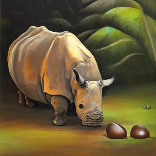 Image similar to oil on canvas of, rhinoceros hatching an egg in hawaii