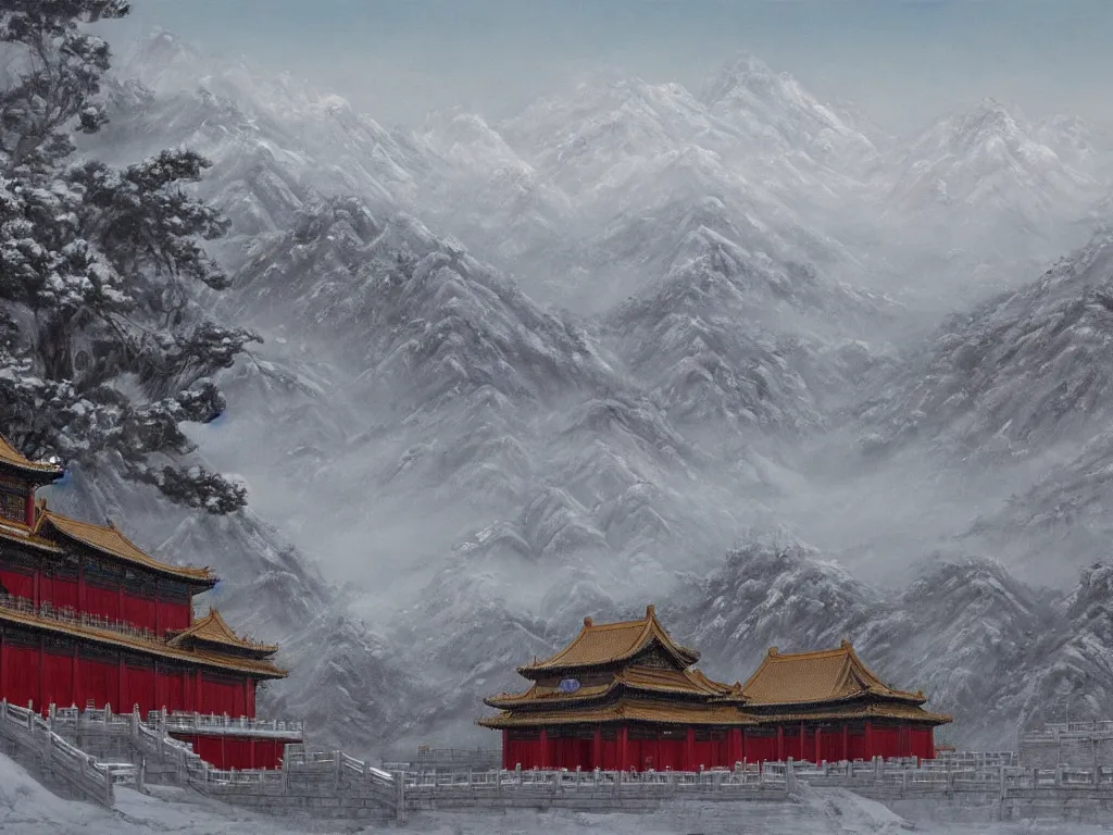 Image similar to forbidden city on snow mountain, highly detailed, cinematic landscape ， on a snowy day, oil painting style, by xu beihong