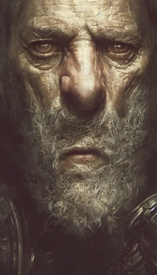 Prompt: Portrait of Jason Isaacs as an old knight, male, detailed face, fantasy, highly detailed, cinematic lighting, digital art painting by greg rutkowski