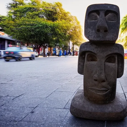 Image similar to a moai head statue roller skating on the street, set at night