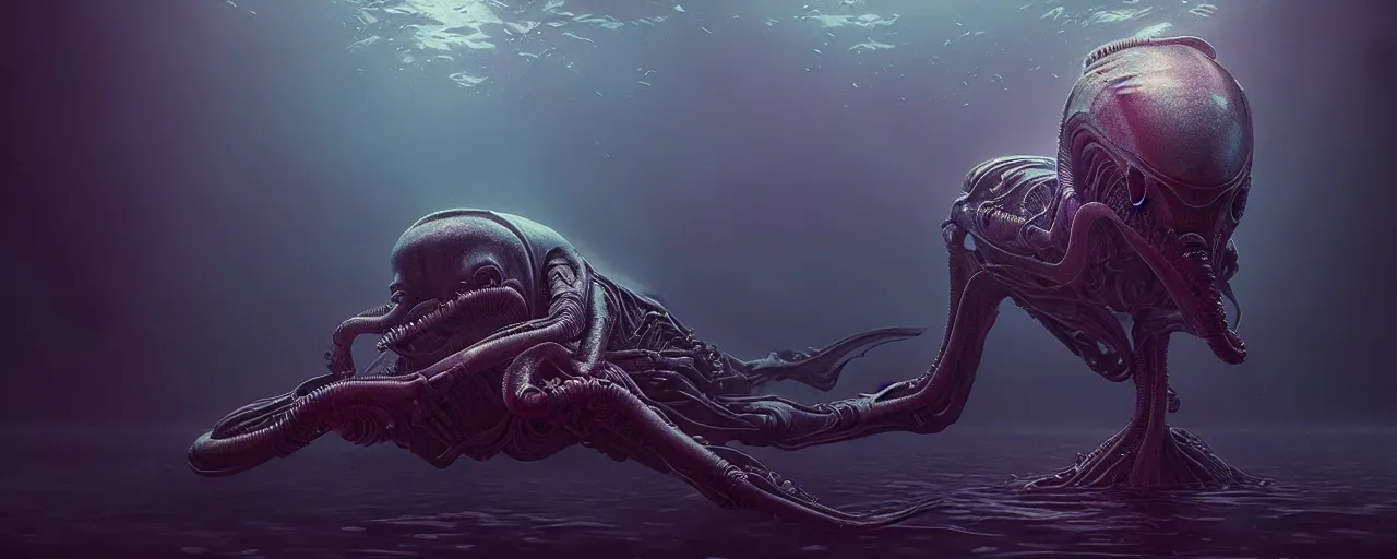 Prompt: ultra realistic horror photo of a dimly lit alien creature underwater, very intricate details, focus, full frame image, artwork by tooth wu and wlop and beeple and greg rutkowski, award winning
