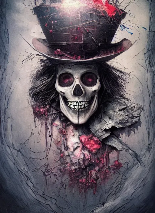 Image similar to mad hatter death tarot card, highly detailed, half skull face, cinematic, 8 k, by stanley artgermm, tom bagshaw, greg rutkowski, carne griffiths, ayami kojima, beksinski, giger, trending on deviantart, hyper detailed, horror, full of colour