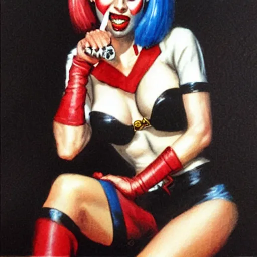 Image similar to Harley Quinn holding cigarette, artwork by Earl Norem,