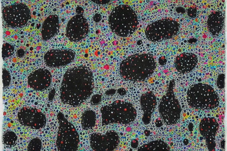 Image similar to teeth, smile, faceless people, black figures, dark, acrylic, clay, dots abstract, dripping, stipple, pointillism, technical, abstract, minimal, style of francis bacon, asymmetry, pulled apart, stretch, cloak, eerie, made of dots, abstraction chemicals, blotter, mask, colored dots, splotch, old painting style