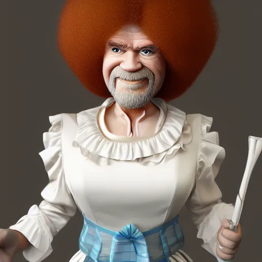 Prompt: Bob Ross is dressed in a maids outfit, hyperdetailed, artstation, cgsociety, 8k