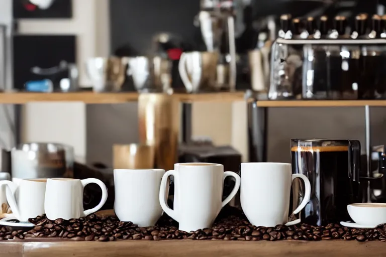 Prompt: magazine quality photo shoot of beautifully displayed espresso, beans, coffee cups, milk, espresso machine