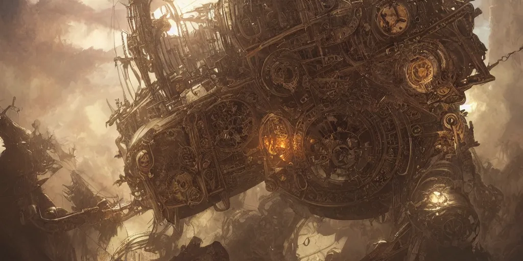 Prompt: ultra realistic illustration, gothic steampunk airship from doom and warhammer, intricate, elegant, highly detailed, digital painting, artstation, concept art, smooth, sharp focus, illustration, art by artgerm and greg rutkowski and alphonse mucha