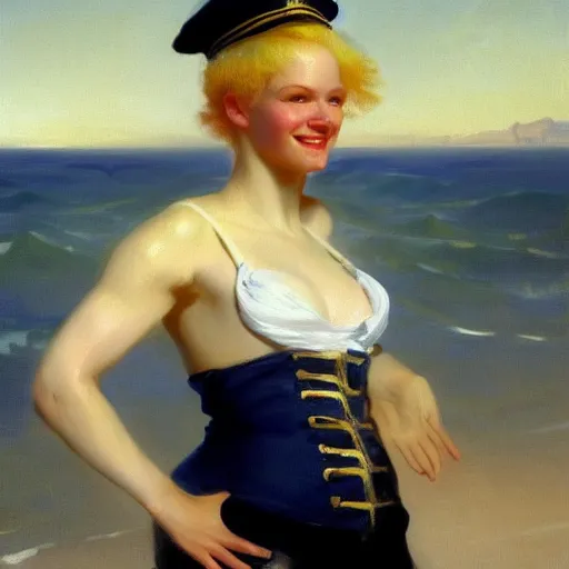 Prompt: painting of a buff cute albino female sailor woman with broad shoulders, flowing white hair, and a confident smile, ocean background. painting by john singer sargent and ivan aivazovsky, 4 k hd artstation