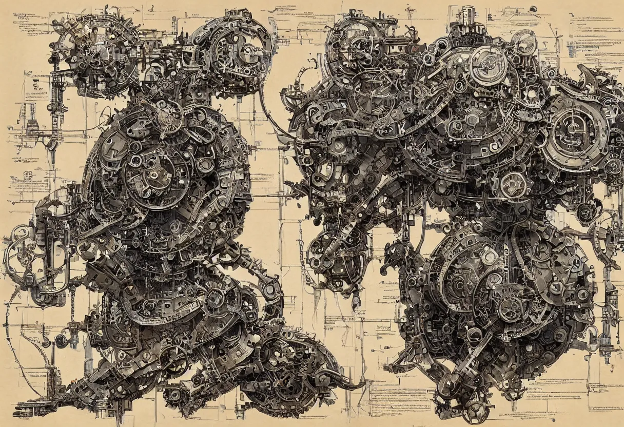 Prompt: a full page concept designs of a robotic device, steampunk blueprint, intricate details, ink on paper, scientific, Highly detailed labeled, poster, peter mohrbacher