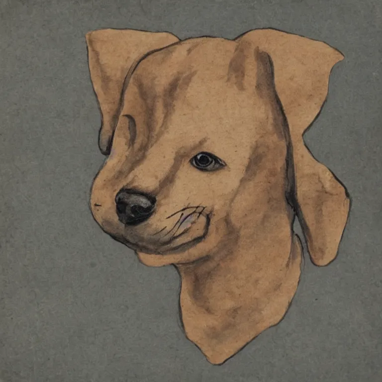 Image similar to a cute retro puppy. alcohol ink on parchment, muted colors, detailed, textured parchment background, 1 9 5 0 s concept art