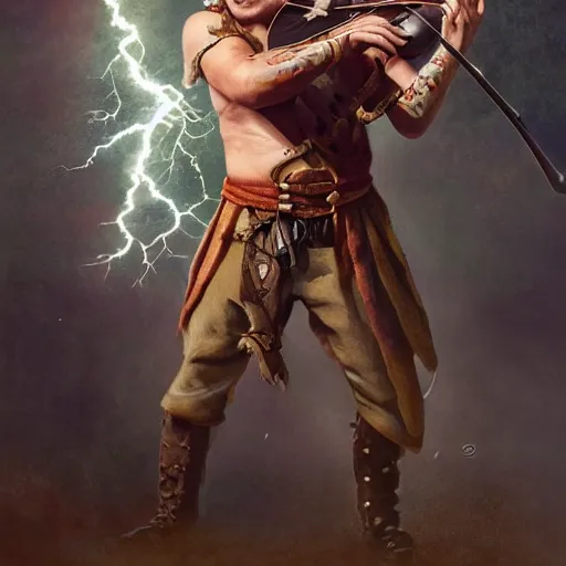 Image similar to detailed photo of a Half-orc bard portrayed by Gary Busey playing a fiddle, 8k,by Tristan Eaton, Stanley Artgermm, Tom Bagshaw, Greg Rutkowski, Carne Griffiths, trending on DeviantArt, face enhance, hyper detailed ,full of color, dramatic lightning, epic stance