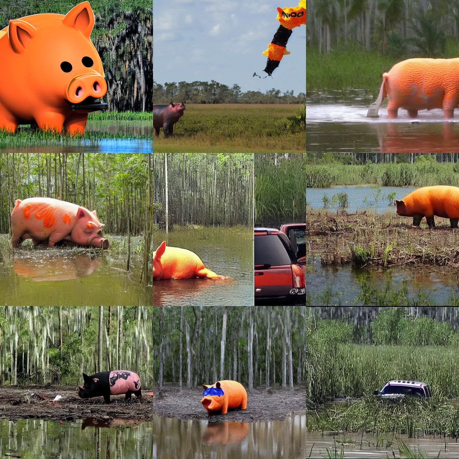 Prompt: FBI chasing a big orange pig through Florida swamps, ripped up documents are flying in the sky, very detailed, news segment, CNN