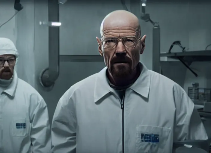 Prompt: film still of Walter White as Gordan Freeman in an underground lab in the Half Life Movie, 4k