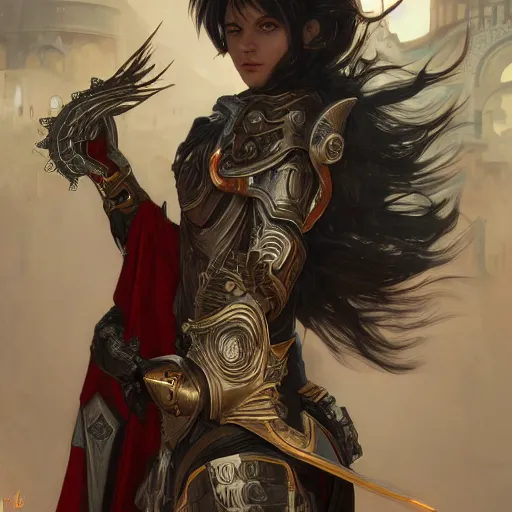 Image similar to portrait knights of Zodiac girl, metallic black and reddish armor, in ruined Agora of Athens, ssci-fi, fantasy, intricate, very very beautiful, elegant, highly detailed, digital painting, artstation, concept art, smooth, sharp focus, illustration, art by tian zi and WLOP and alphonse mucha