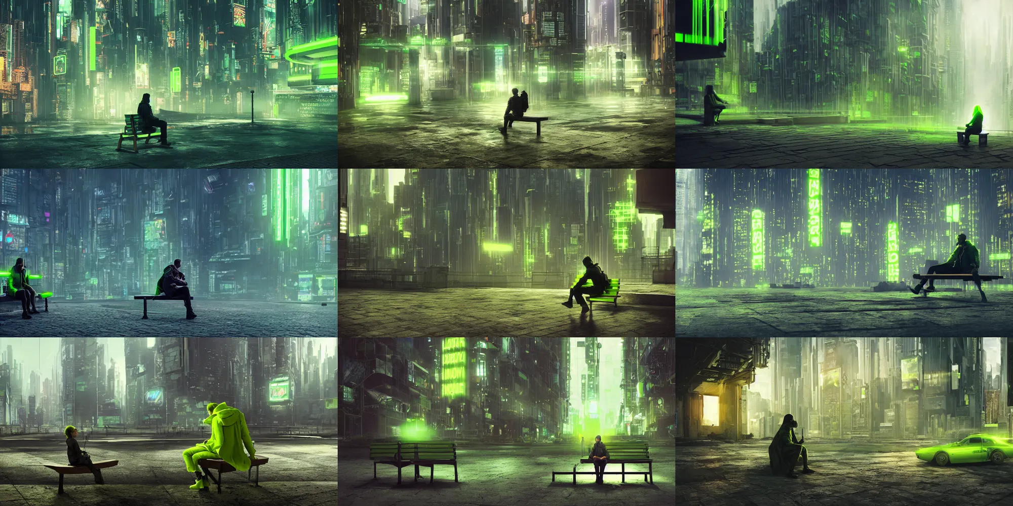 Image similar to Lone adventurer in a lime green coat sitting on a bench in a cyberpunk dystopian megalopolis, beautiful digital art, dramatic volumetric lighting, epic composition, detailed, 4K ultra HD, Octane render