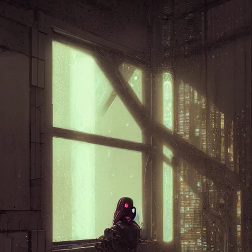 Prompt: portrait of cyberpunk woman looking out of a window, cyberpunk setting, futuristic, highly detailed, intricate lighting, digital painting, sharp focus, illustration, trending on artstation, art by greg rutkowski.