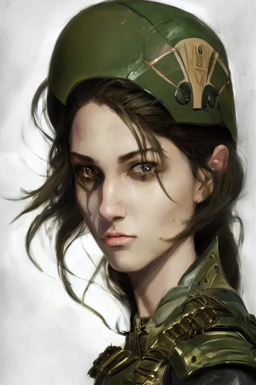 Image similar to a professionally painted portrait of an attractive young woman, clothed in military armor, olive skin, long dark hair, beautiful bone structure, symmetrical facial features, intricate, elegant, digital painting, trending on Artstation, concept art, smooth, sharp focus, illustration, from Metal Gear by Ruan Jia and Mandy Jurgens and Artgerm and William-Adolphe Bouguerea, award winning