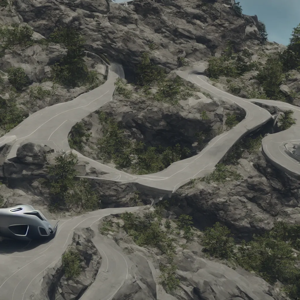 Prompt: futuristic car drive down a road in the mountains, unreal engine