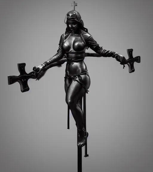 Image similar to a woman on a metal cross with spears piecing her hands octane 3d render trending on artstation