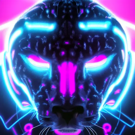 Image similar to a black cybernetic cheetah with neon blue and neon pink spots sitting down, octane render, trending on artstation, digital art, 4k, high detail, cinematic, cinematic lighting, high detail, realistic, fantasy,