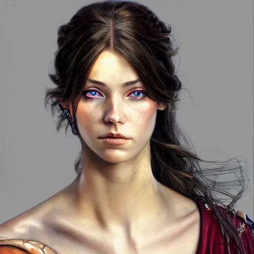 Image similar to high quality extremely detailed portrait of a young gorgeous female warlock looking away from the camera, detailed eyes, sparkle in eyes, no hands visible, fantasy, d & d, painting by lucian freud and mark brooks, hd