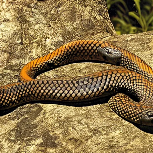 Image similar to big snake, anaconda movie, anaconda, amber eyes, black scales, far shot