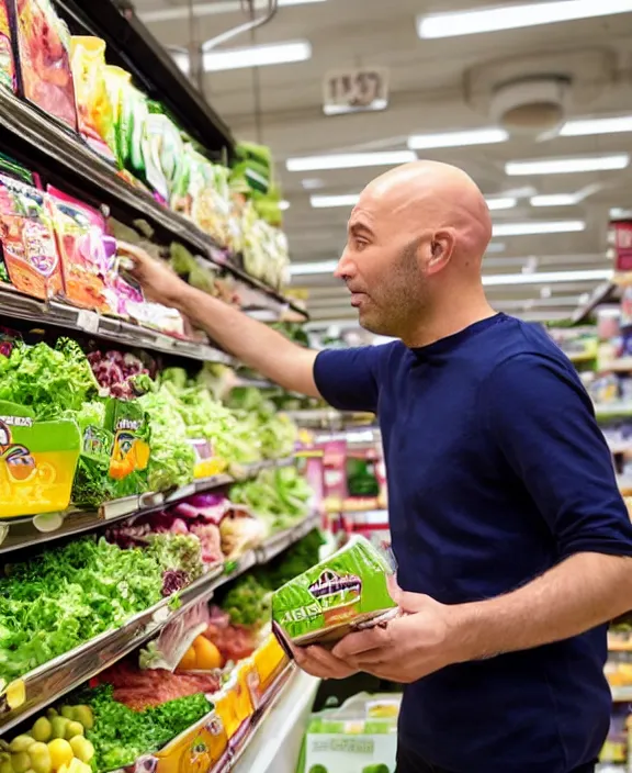 Prompt: a bald man gestures to a display of'suddenly salad'boxes at the end cap inside a supermarket