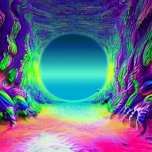 Image similar to realistic renderings of psychedelic scenes