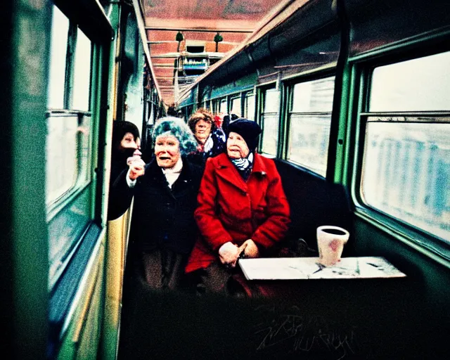 Image similar to a lomography photo of rumble between two grandmoms in soviet train this morning, bokeh,