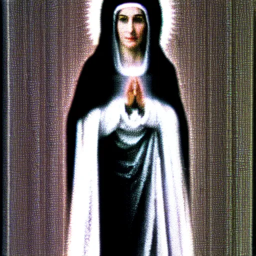 Image similar to vhs static overlay of marian apparition, vhs, 1 9 9 0, highly realistic, highly detailed, vhs noise static, black and white, vhs glitch