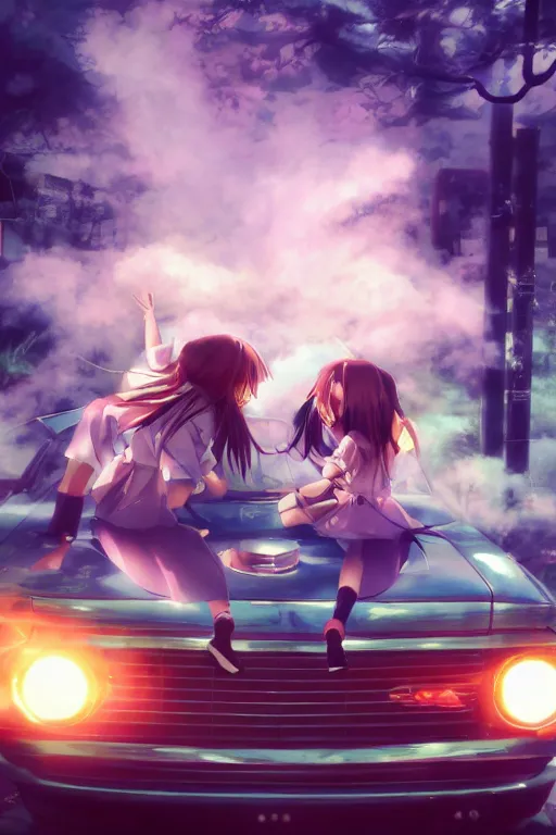 Image similar to 3D anime poster by D. Jun, by Mo Xiang Tong Xiu, by Igarashi Daisuke, Unreal Engine render, beauty anime schoolgirls in Japanese maid's clothes and hugging inside a JDM car at night among the American cottages, anime vintage colors, polaroid, foggy, smoke, daz 3d, octane render, trending on artstation, volumetric light, cinematic render, ultra realistic, oil painting