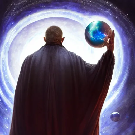 Image similar to the creator of worlds wearing a cloak and holding a holographic planet projection in his hand, detailed, sci - fi, digital painting, artstation, sharp focus, illustration, ominous, artgerm, tomasz alen kopera, peter mohrbacher, donato giancola, joseph christian leyendecker, wlop, frank frazetta