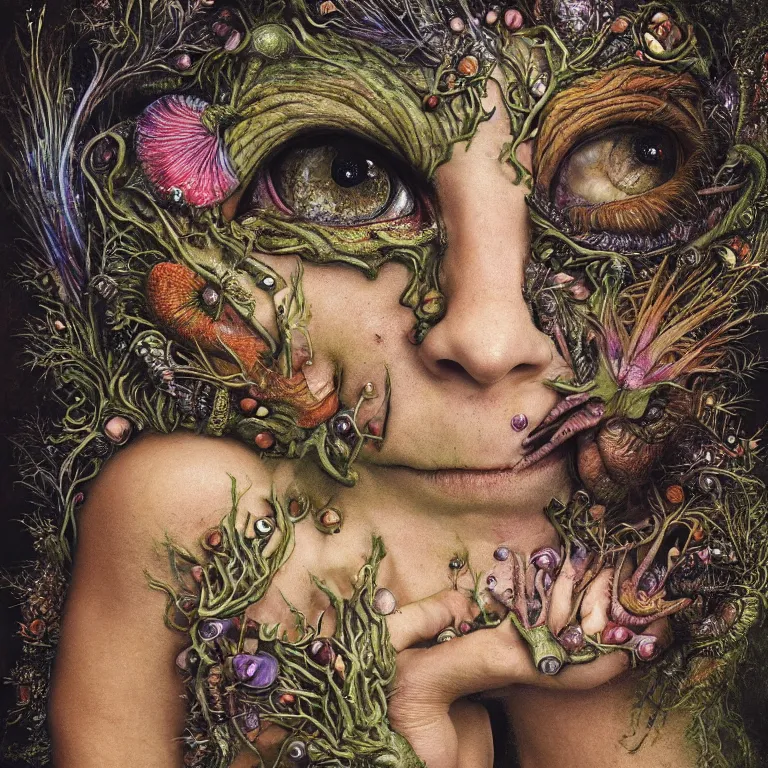 Prompt: a fish eye lense photograph of a grinning alien dryad with goat pupils transforming herself into a beast. her skin is covered in scales and feathers. flowers surround her body. painted by jan van eyck, max ernst and ernst haeckel, trending on artstation, 8 k, award winning, hard lighting, photorealistic painting