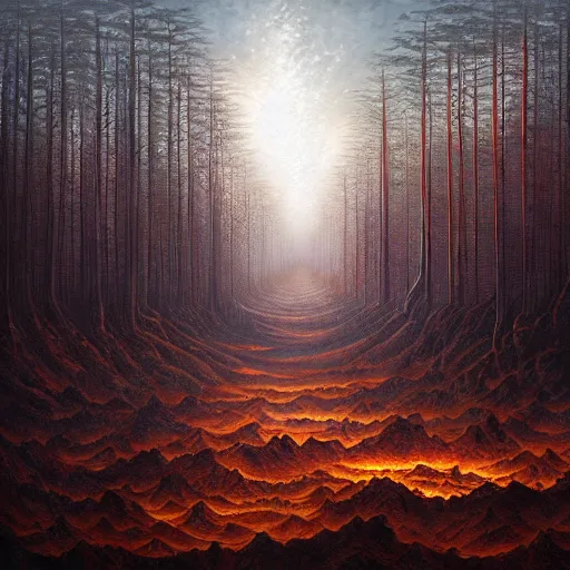 Image similar to a painting of a fire in a forest, a matte painting by Jeffrey Smith, deviantart, fantasy art, apocalypse landscape, apocalypse art, airbrush art