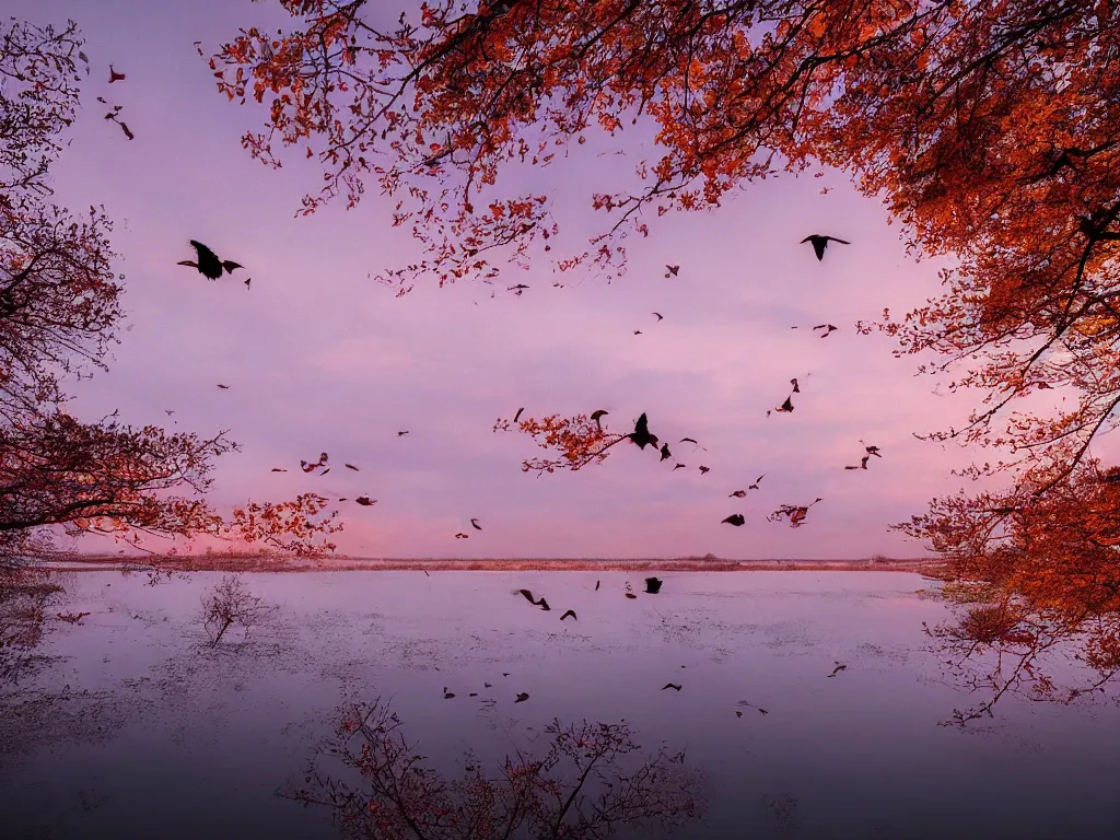 Prompt: rosy clouds fly with lone mallards side by side, autumn waters blend into the hues of th'vast sky, cinematic landscape ， on a snowy day, natural light, by xu beihong