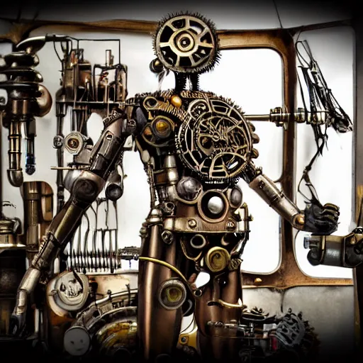 Prompt: human with machine parts, steampunk