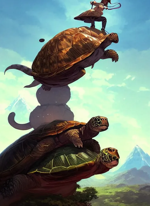 Image similar to character portrait of The tallest mountain topped by a cat riding a gigantic turtle, with another cat riding a large turtle atop the mountain. By Greg Rutkowski. cute beautiful attractive detailed. Character design by charlie bowater, ross tran, artgerm, and makoto shinkai, detailed, inked, western comic book art