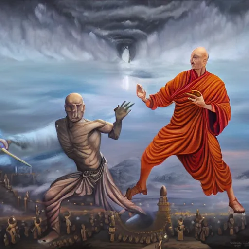 Prompt: A very detailed surreal fantasy oil painting of Lord Voldemort fighting against Buddha by Manjit Bawa, trending on artstation, 4k.