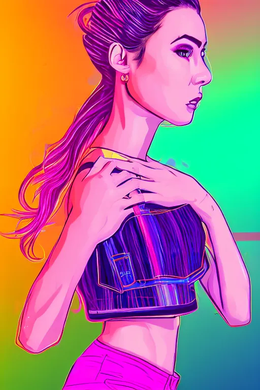 Image similar to a award winning half body portrait of a beautiful woman in a croptop and cargo pants with ombre purple pink teal hairstyle surrounded by whirling illuminated lines, outrun, vaporware, shaded flat illustration, digital art, trending on artstation, highly detailed, fine detail, intricate