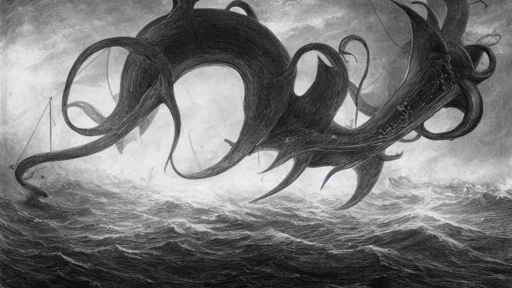 Image similar to drawing of one giant squid attacking a submarine beneath a stormy ocean, by gustave dore, nineteenth century, black and white, vintage, science fiction, epic composition, dramatic lighting, highly detailed, cinematic