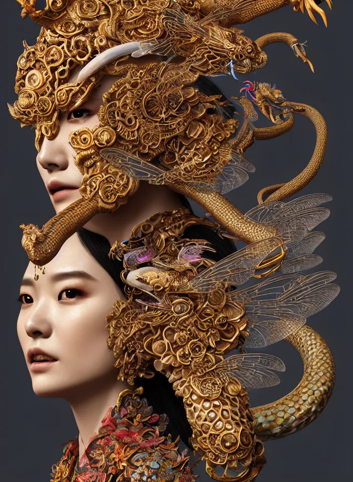 Prompt: 3 d goddess close up profile portrait with agate snake skull, beautiful intricately detailed bird mask and clasical chinese cheongsam. chinese dragon, dragonfly, bio luminescent, plasma, fire, water, wind, creature, artwork by tooth wu and wlop and beeple and greg rutkowski